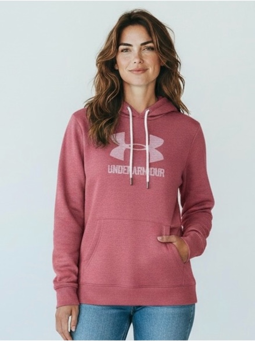 Under Armour Terracotta-pink Graphic Logo Fleece Pullover Hoodie Loose Fit Wom-M